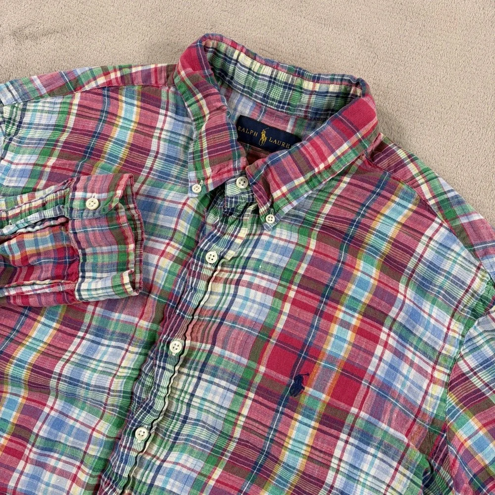 Polo Ralph Lauren 100% Linen Multi Madras Plaid Shirt Men 2XL Pony Preppy